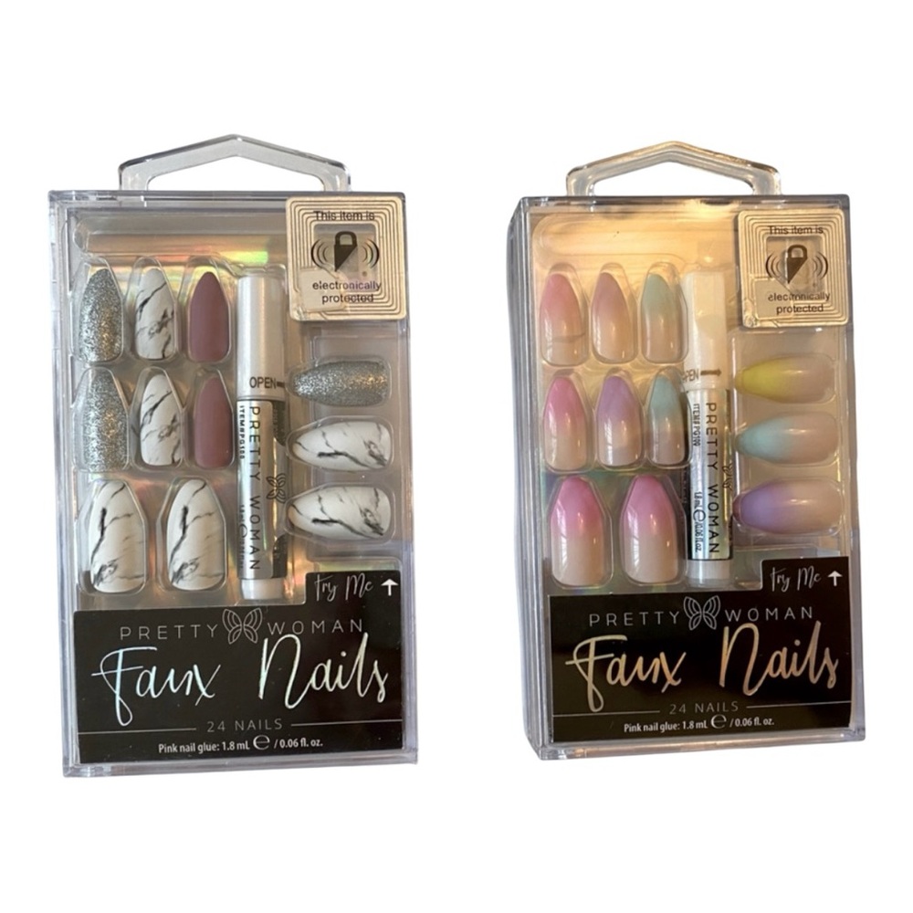 PRETTY WOMAN 2 PACK GLUE ON FAUX NAILS pink nail‎ glue included